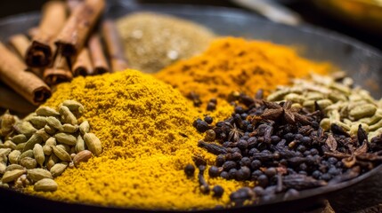 Vibrant Collection of Colorful Spices in a Decorative Dish Showcase Nature's Rich Culinary Diversity for Cooking and Food Photography