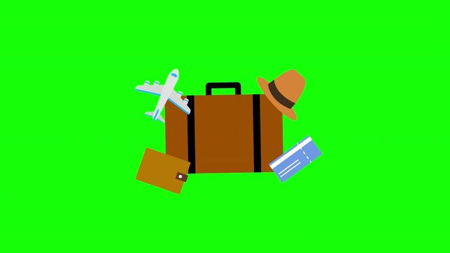 Travel Essentials Animation Featuring Suitcase Airplane Ticket and Hat on Green Screen
