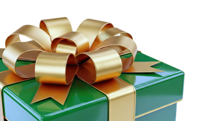 Green gift box with gold ribbon and bow