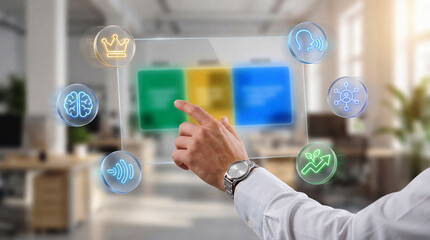 Man interacting with futuristic digital interface in modern office setting with various icons
