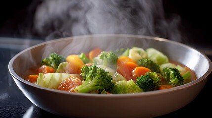 Closeup of fresh colorful mixed vegetables including broccoli and carrots steaming in a hot cooking pan