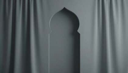 Subtle islamic archway formed by soft grey silk drapery, evoking ramadan ambiance