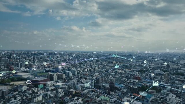 Drone aerial photography of modern city and communication network concept