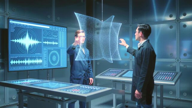 studio engineers manipulate d holographic waveform and spectral data, two technicians interact with floating mesh display over mixing console, acoustic analysis environment with realtime