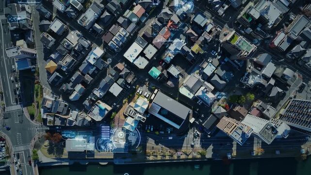 現代都市と道路の真俯瞰ドローン空撮とデジタルテクノロジーのコンセプト