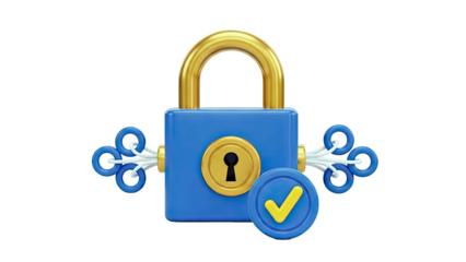 3D Blue Lock with Golden Keyhole and Checkmark