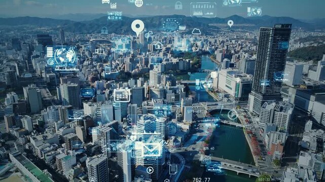 現代都市のドローン空撮とデジタルテクノロジーのコンセプト