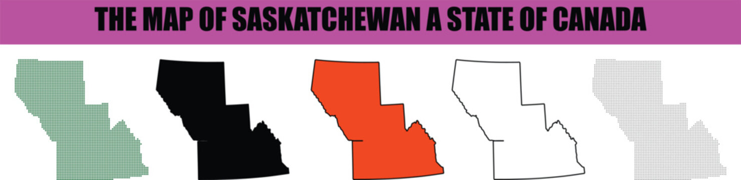 Silhouette, line art, dot, dotted, star art Detailed graphical representations of the Saskatchewan province in Canada shown in various styles for cartography and design projects