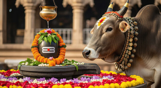 Sacred Nandi Bull and Shivling Adorned in Temple Ritual