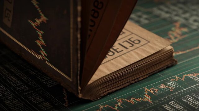 Old finance book with stock market chart and public finance law data on market chart