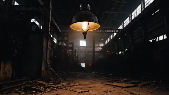 Abandoned industrial warehouse interior with a single illuminated pendant light hanging from the ceiling amidst dimly lit surroundings and scattered