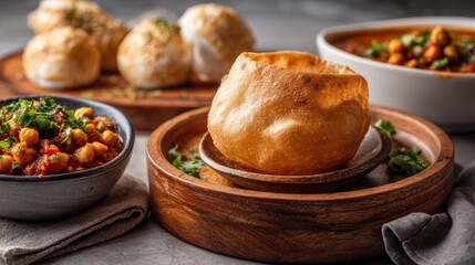 Crispy Indian Puri with Spicy Chickpeas and Tangy Tamatar Curry on Wooden Table, Perfect for Traditional Cuisine and Food Photography