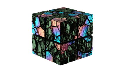 Abstract 3D Cube with Cracked Iridescent Surface