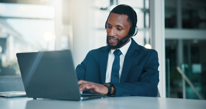 Mic, laptop and black man in office for customer service, communication or contact us. Headset, computer and African male corporate secretary with online consultation for business review in workplace