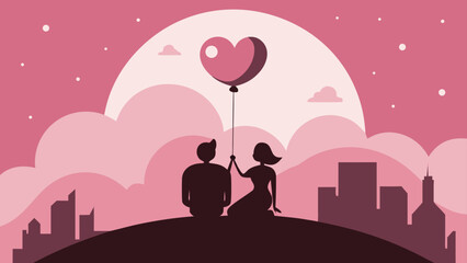 Romantic Flat Illustration Depicting a Couple Holding a Heart Balloon on a Hill Overlooking a City Skyline During a Sweet Evening Date