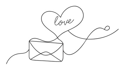 Romantic Continuous Line Art Illustration of a Love Letter Envelope and Heart, Symbolizing Affectionate Communication and Connection