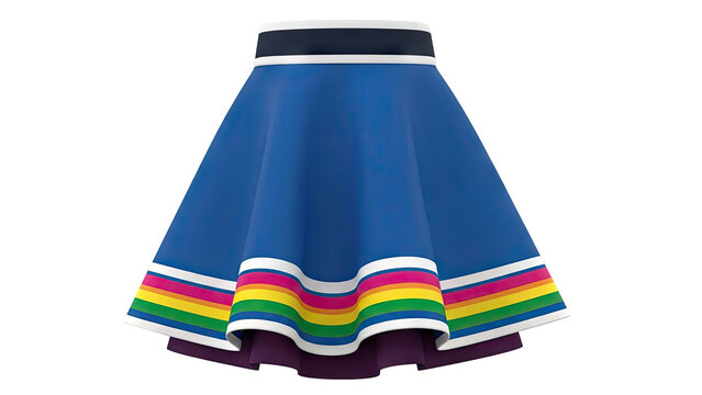 Blue A-line skirt with rainbow stripe hem and purple underskirt