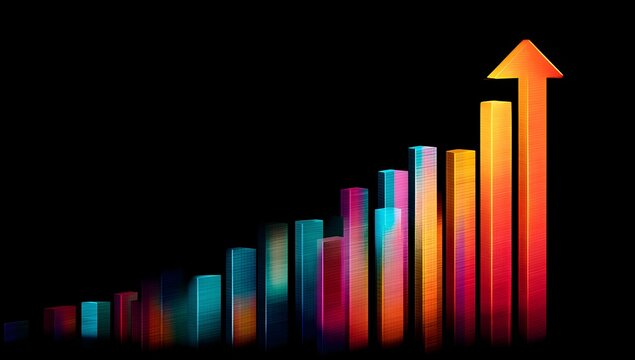 Vibrant upward trending bar graph with arrow indicating financial growth and positive economic progress against a dark background - Powered by Adobe