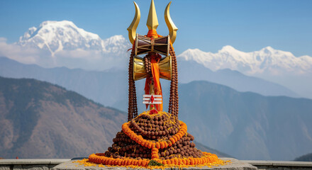Sacred Hindu symbols against majestic snow-capped Himalayan mountains © Niks Ads