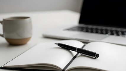 Professional workspace for remote work: Open notebook with elegant pen, coffee mug, and laptop on a clean white desk, ideal for productivity, planning, and study.