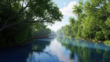 A tranquil tropical river flows through a dense green jungle, lined with palm trees under a bright sky.