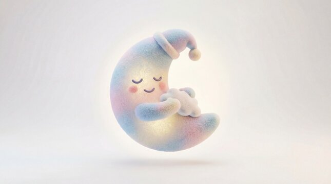 A whimsical pastel moon wearing a sleeping cap and peacefully hugging a fluffy cloud