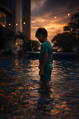 Child Standing in Rain at Dusk