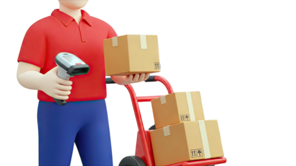 Delivery person with scanner and packages on a cart