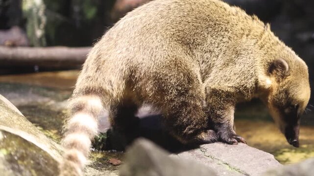 South American Coati Foraging on Rocks in Natural Sunlight