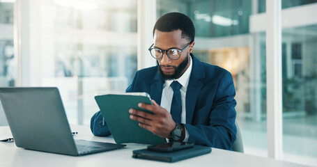 Investor, tablet and black man in workplace, reading and website blog for economy news. African person, app and financial advisor with tech, internet and email notification for stock market exchange