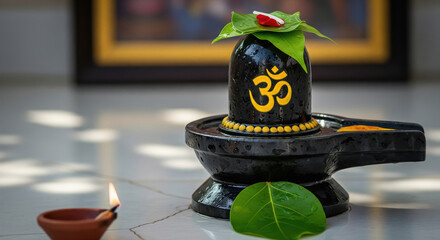 Sacred Shivling with Om, Leaves, and Burning Diya