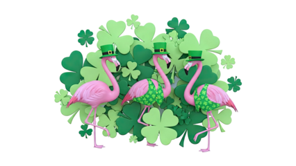 Flamingos in St. Patrick's Day attire surrounded by shamrocks