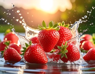 Close-up of ripe red strawberries being splashed by water at sunset