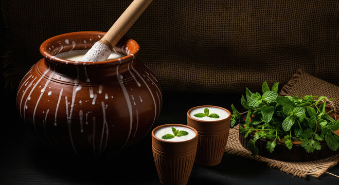 Traditional Indian Lassi with Mint in Earthenware Pots