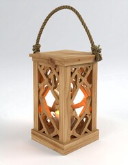 Fototapeta premium Handmade wooden lantern decor with rope handle warm lighting high resolution picture