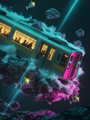 Vibrant Underwater Subway Journey Through a Surreal Ocean Full of Colorful Marine Life and Glowing Elements