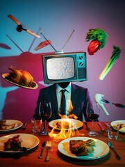 Dinner Party of the Absurd With a Television Head, Surreal Food Scenes, and Vibrant Colors Create a Playful Atmosphere