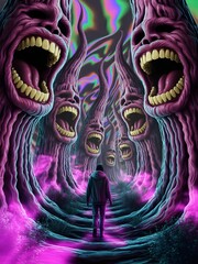 Distorted Pathways Guide a Lone Traveler Through a Surreal Forest of Screaming Trees at Twilight