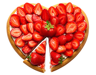 Strawberry cake in the shape of a heart, top view isolated on transparent png