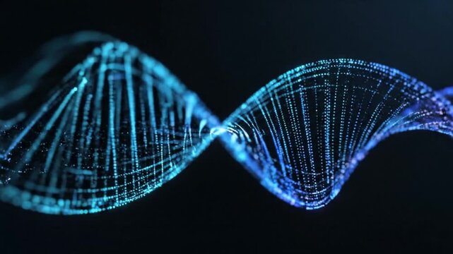 Close-up of a blue DNA double helix model on a black background with a shallow depth of field.