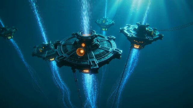 Bioluminescent particles illuminate mysterious underwater science environment scene, Submarine energy platforms emit vibrant blue lights amidst deep ocean bioluminescent activity and currents