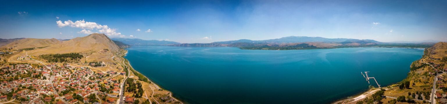 Lake Vegoritida viewed from the sky. A panoramic aerial shot on a sunny summer day. The place is located in Macedonia
