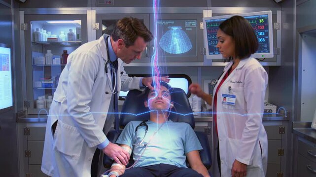 Emergency medical team performs urgent neurological assessment and resuscitation, Healthcare professionals swiftly execute lifesaving procedures with advanced technology and critical