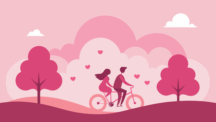 A Romantic Flat Illustration Depicting a Joyful Couple Riding a Tandem Bicycle Through a Pink Hillside Landscape with Floating Hearts