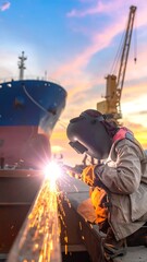 Welder works on metal at a shipyard, sparks flying against a blurred ship and a sunset sky