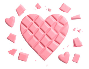 pieces of handmade heart shaped pink chocolate bar isolated on transparent png
