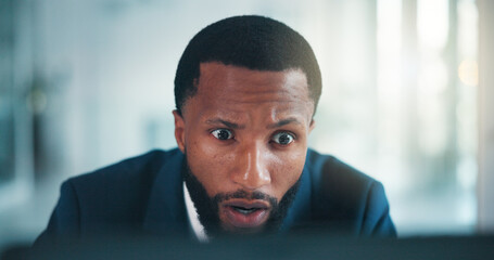 Shocked, investor or black man in office, laptop or email notification for stock market crash....