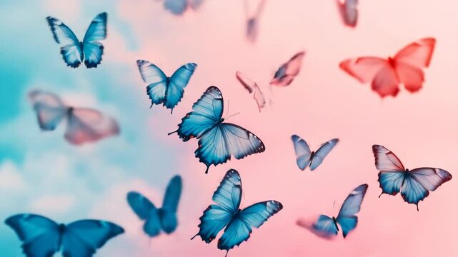 Graceful blue butterflies soaring against a soft pastel sky background