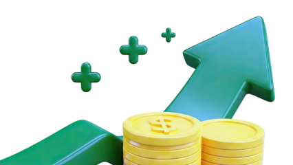 Financial Growth: Upward Arrow, Coins, and Plus Signs
