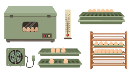 Naklejka premium Poultry Egg Incubation Equipment with Trays and Thermometer for Hatchery.
